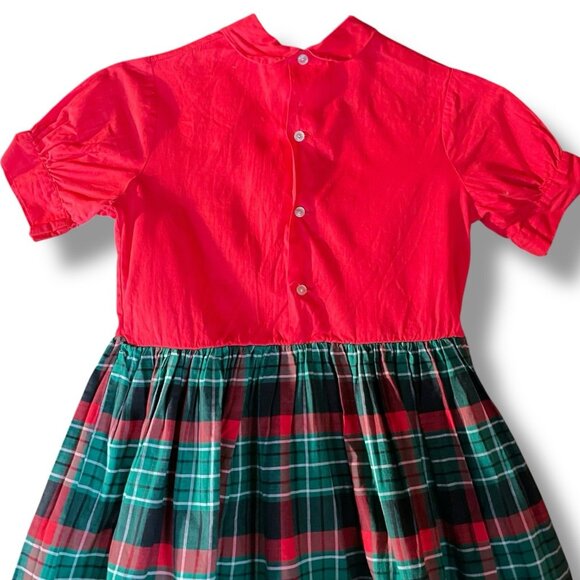 Vintage 1950s Little Star Girls Dress Sz 10 Red Green Plaid Peter Pan Collar - Picture 10 of 11